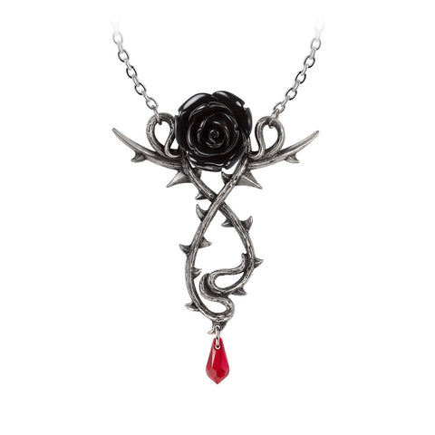 -Roses are red, or so the aphorism goes... but not in the mountains of Romania, where the darkest of romances prevail. Lead and nickel free Fine English Pewter. Genuine Alchemy Gothic product. Shipped from the USA. 
black rose goth gothic necklace thorned vine crystal drop dark romance valentines day love hearts-