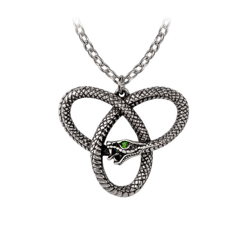 -A Celtic-pagan intimation of rebellious triplicity; the eternity of the triple goddess with a touch of female willfulness. Lead and nickel free Fine English Pewter. Genuine Alchemy Gothic product. Shipped from the USA. 
irish celts garden of eden serpent snake knotwork triquetra knot ouroboros goth gothic jewelry-