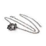 -You're never alone with your feline familiar. A polished cat skull necklace with an etched pentagram symbol. Handcrafted in the UK of lead-free, Fine English Pewter. The pendant measures 1.06" x 0.87" & 0.55" deep on ~21" nickel free chain with clasp fastener. Genuine Alchemy Gothic Product. Ships from the USA.-