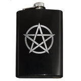 -8oz Top Shelf Stainless Steel Flask with easy closure screw cap lid. Engraved pentacle / encircled pentagram symbol. Measures 5.5" tall and 3.75" wide and holds eight shots. This item is fully customizable. For basic customization to the front of the flask, such as adding a name or date please send us a message [link] or include a note at checkout with the -Black-Just the Flask-616641499747