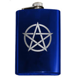 -8oz Top Shelf Stainless Steel Flask with easy closure screw cap lid. Engraved pentacle / encircled pentagram symbol. Measures 5.5" tall and 3.75" wide and holds eight shots. This item is fully customizable. For basic customization to the front of the flask, such as adding a name or date please send us a message [link] or include a note at checkout with the -Blue-Just the Flask-616641499747