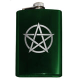 -8oz Top Shelf Stainless Steel Flask with easy closure screw cap lid. Engraved pentacle / encircled pentagram symbol. Measures 5.5" tall and 3.75" wide and holds eight shots. This item is fully customizable. For basic customization to the front of the flask, such as adding a name or date please send us a message [link] or include a note at checkout with the -Green-Just the Flask-616641499747