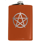 -8oz Top Shelf Stainless Steel Flask with easy closure screw cap lid. Engraved pentacle / encircled pentagram symbol. Measures 5.5" tall and 3.75" wide and holds eight shots. This item is fully customizable. For basic customization to the front of the flask, such as adding a name or date please send us a message [link] or include a note at checkout with the -Orange-Just the Flask-616641499747