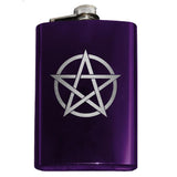 -8oz Top Shelf Stainless Steel Flask with easy closure screw cap lid. Engraved pentacle / encircled pentagram symbol. Measures 5.5" tall and 3.75" wide and holds eight shots. This item is fully customizable. For basic customization to the front of the flask, such as adding a name or date please send us a message [link] or include a note at checkout with the -Purple-Just the Flask-616641499747