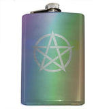 -8oz Top Shelf Stainless Steel Flask with easy closure screw cap lid. Engraved pentacle / encircled pentagram symbol. Measures 5.5" tall and 3.75" wide and holds eight shots. This item is fully customizable. For basic customization to the front of the flask, such as adding a name or date please send us a message [link] or include a note at checkout with the -Rainbow-Just the Flask-616641499747