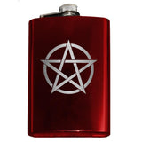 -8oz Top Shelf Stainless Steel Flask with easy closure screw cap lid. Engraved pentacle / encircled pentagram symbol. Measures 5.5" tall and 3.75" wide and holds eight shots. This item is fully customizable. For basic customization to the front of the flask, such as adding a name or date please send us a message [link] or include a note at checkout with the -Red-Just the Flask-616641499747