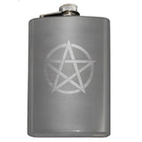 -8oz Top Shelf Stainless Steel Flask with easy closure screw cap lid. Engraved pentacle / encircled pentagram symbol. Measures 5.5" tall and 3.75" wide and holds eight shots. This item is fully customizable. For basic customization to the front of the flask, such as adding a name or date please send us a message [link] or include a note at checkout with the -Stainless Steel-Just the Flask-616641499747