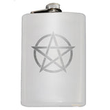 -8oz Top Shelf Stainless Steel Flask with easy closure screw cap lid. Engraved pentacle / encircled pentagram symbol. Measures 5.5" tall and 3.75" wide and holds eight shots. This item is fully customizable. For basic customization to the front of the flask, such as adding a name or date please send us a message [link] or include a note at checkout with the -White-Just the Flask-616641499747