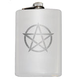 -8oz Top Shelf Stainless Steel Flask with easy closure screw cap lid. Engraved pentacle / encircled pentagram symbol. Measures 5.5" tall and 3.75" wide and holds eight shots. This item is fully customizable. For basic customization to the front of the flask, such as adding a name or date please send us a message [link] or include a note at checkout with the -