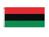 Pan-African Flag - African American Pride, Unity, Justice and Equality-High quality, professionally printed polyester flag in your choice of size and style, single or fully double-sided with blackout layer, grommets or pole pocket / sleeve. 2x1ft / 1x2ft, 3x2ft / 2x3ft, 5x3ft / 3x5ft. Fully customizable. Red black and green Marcus Garvey UNIA Afro-American Black Liberation protest banner.-2 ft x 1 ft-Standard-Grommets-