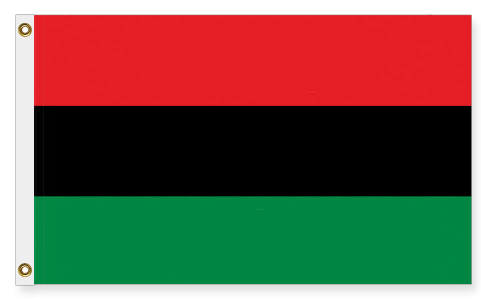 Pan-African Flag - African American Pride, Unity, Justice and Equality-High quality, professionally printed polyester flag in your choice of size and style, single or fully double-sided with blackout layer, grommets or pole pocket / sleeve. 2x1ft / 1x2ft, 3x2ft / 2x3ft, 5x3ft / 3x5ft. Fully customizable. Red black and green Marcus Garvey UNIA Afro-American Black Liberation protest banner.-5 ft x 3 ft-Standard-Grommets-