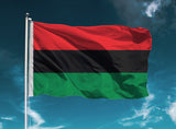 Pan-African Flag - African American Pride, Unity, Justice and Equality-High quality, professionally printed polyester flag in your choice of size and style, single or fully double-sided with blackout layer, grommets or pole pocket / sleeve. 2x1ft / 1x2ft, 3x2ft / 2x3ft, 5x3ft / 3x5ft. Fully customizable. Red black and green Marcus Garvey UNIA Afro-American Black Liberation protest banner.-