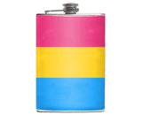 -Pansexual Pride Flask. Brand New 8oz stainless steel flask with easy closure screw cap lid with striped pink, yellow and blue LGBTQ pan pride flag artwork on waterproof vinyl. Holds eight shots. Optional funnel or gift bo with funnel and shot glasses.-Just the Flask-725185480699