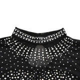 Pantheress Sheer Black Rhinestone Top - Free Shipping-Lightweight sheer black polyester chiffon top with diamond rhinestone embellishment, long sleeves, O-neck. Stylish and sophisticated, classy yet certain to draw attention. Suitable for fine dining and the club. Womens juniors longsleeve hiphop goth gothic gothichop sparkly clubwear bold fierce fashion bejeweled blouse-