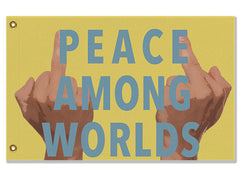 Peace Among Worlds Flag - Funny Microverse Sci-Fi Cartoon Parody Meme-High quality, professionally printed polyester flag in your choice of size and style, single or fully double-sided with blackout layer, grommets or pole pocket / sleeve. 2x1ft / 1x2ft, 3x2ft / 2x3ft, 5x3ft / 3x5ft, custom. Fully customizable. Funny Sci-Fi Science Fiction Cartoon Meme Microverse Rude Festival Banner-