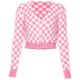 Pink and White Check Mohair Cropped Cardigan, Super Soft, Lightweight -Super soft pink and white checkered, cropped cardigan made of knitted mohair with v-neck, colorful heart shaped buttons. Available in 2 sizes. Free shipping from abroad. Typically arrives in about 2-4 weeks to the USA. Sweet cute kawaii kustom egirl fuzzy furry unique sexy and playful short sweater extra long sleeves.-