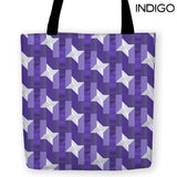-High quality, colorful reusable polyester fabric carryall tote bag with playful abstract geometric design. Durable and machine washable. This item is made-to-order and typically ships in 3-5 Business Days.-13 inches-Indigo-796752936710