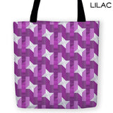 -High quality, colorful reusable polyester fabric carryall tote bag with playful abstract geometric design. Durable and machine washable. This item is made-to-order and typically ships in 3-5 Business Days.-13 inches-Lilac-796752936710