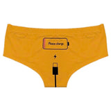 Please Charge Women's Low Rise Briefs-Comfortable, women's low-rise briefs with playful printed empty battery, 'Please Charge' and charging cable curving down below. Lightweight and breathable, 92% polyamide / 8% spandex. See size chart.Free shipping.

Funny weird womens ladies girls underwear lingerie panties half-pack peach hip butt half pack kinky sexy-Orange-S-