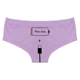 Please Charge Women's Low Rise Briefs-Comfortable, women's low-rise briefs with playful printed empty battery, 'Please Charge' and charging cable curving down below. Lightweight and breathable, 92% polyamide / 8% spandex. See size chart.Free shipping.

Funny weird womens ladies girls underwear lingerie panties half-pack peach hip butt half pack kinky sexy-