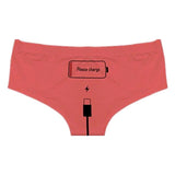 Please Charge Women's Low Rise Briefs-Comfortable, women's low-rise briefs with playful printed empty battery, 'Please Charge' and charging cable curving down below. Lightweight and breathable, 92% polyamide / 8% spandex. See size chart.Free shipping.

Funny weird womens ladies girls underwear lingerie panties half-pack peach hip butt half pack kinky sexy-Red-S-