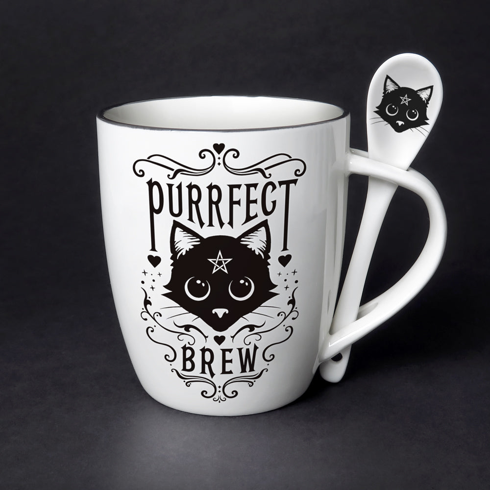Purrfect Brew Mug and Spoon Set, Alchemy Gothic Tea/Coffee Gift-Cause a stir with these incredible mug and spoon gift sets! Perfect for that tea or coffee loving friend! Or maybe a little treat just for you, it will truly serve you a fiendishly good brew! Holds 13oz, Dishwasher Safe.Genuine Alchemy Gothic product. Brand new in box. Ships from the USA. Cats witchcraft gift set gifts-