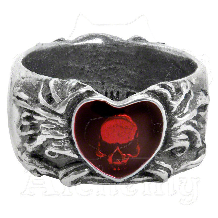 -Double-sided ring of love, pain and sorrow, featuring an enameled heart obscuring a deep-set skull.

Approximate Dimensions based on US size 10/T: Width 0.91" x Height 0.98" x Depth 0.43"

This ring was hand crafted in England of lead-free, fine English Pewter.
Genuine Alchemy Gothic Product - Brand New with Alchemy Lifetime Guarantee-