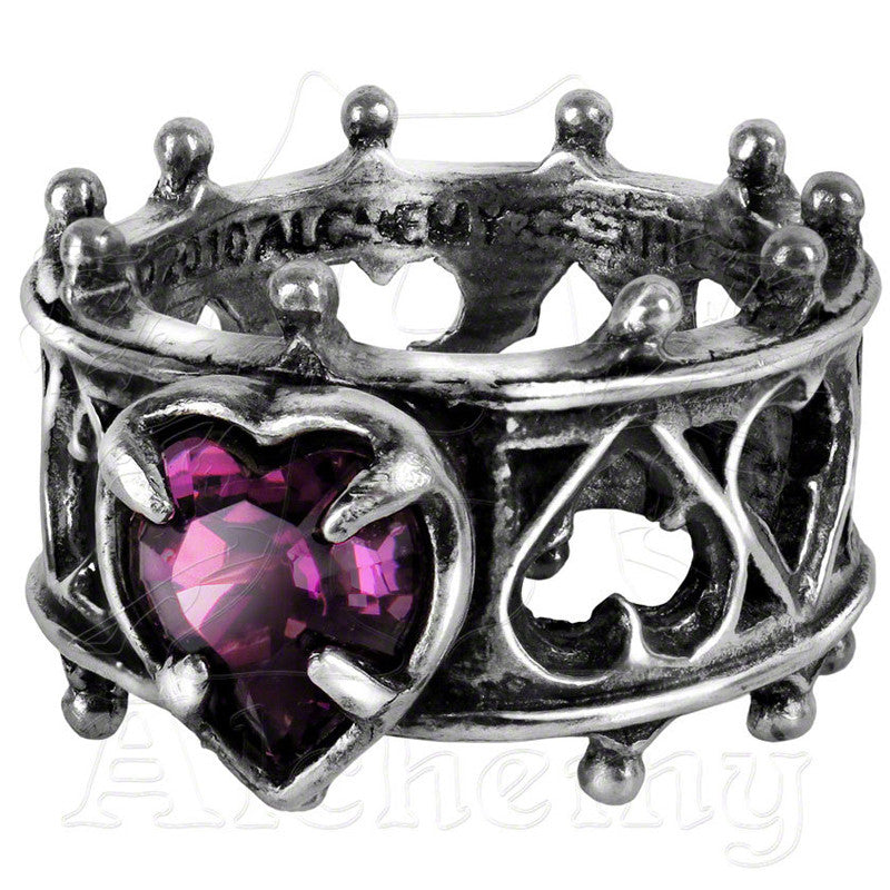 -Alchemy Gothic Elizabethan Heart Ring

Hand crafted in England of lead-free, Fine English Pewter with faceted Swarovski Heart. Approximate Dimensions based on US size 10/T: Width 0.83" x Height 1.02" x Depth 0.59" 
-Size L - 51.2mm - 5.5 US-Rose-664427030271