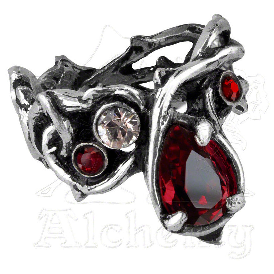 -Alchemy Gothic "Passion" Thorn Vine Ring

The tortuous thorns of self sacrifice bleed with tears of Swarovski crystal.

Approximate measurements based on Size 10/T: 0.94" x 1.1" x 0.79"

Hand crafted in England of lead-free, fine English Pewter with Genuine Swarovski Elements.

Genuine Alchemy Gothic Product - Brand New with Alchemy Lifetime Guarantee
-L - 51.2mm - 5.5US-Red-664427032688