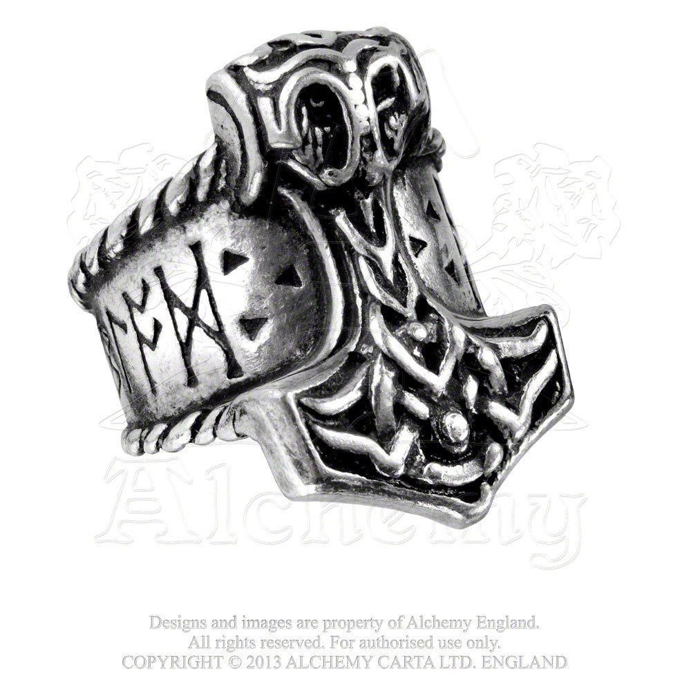 Alchemy Thor's RUNEHAMMER Ring-Alchemy Metal-Wear "Thor's Runehammer" Ring

Mjolnir with runes for blood & thunder.

Hand crafted in England of lead-free, fine English Pewter. Approximate Dimensions based on size T/10 (US): Width 0.98" x Height 1.26" x Depth 1.18"
Genuine Alchemy of England Product - Brand New with Alchemy Lifetime Guarantee-Size Q - 57.6mm - 8 US-Silver-664427035962