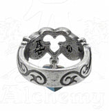 -Alchemy Gothic Dogaressas's Last Love Ring

A token of forlorn devotion from the Lady of of the palace in Renaissance Venice.

A pewter, open trefoil motif ring with gothic floral shank, suspended with a blue Swarovski crystal heart.-