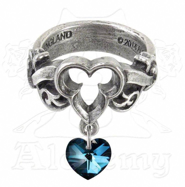 -Alchemy Gothic Dogaressas's Last Love Ring

A token of forlorn devotion from the Lady of of the palace in Renaissance Venice.

A pewter, open trefoil motif ring with gothic floral shank, suspended with a blue Swarovski crystal heart.-Size L - 51.2mm - 5.5 US-Silver-