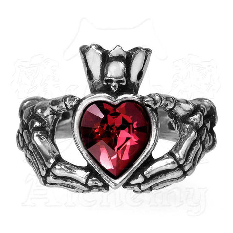 -Alchemy Gothic Claddagh By Night Ring Love, Friendship and Loyalty vouchsafed from the underworld. Dark version of the traditional Irish Claddagh; two skeletal hands with Austrian crystal heart, crown with a tiny skull. Genuine, handcrafted in UK, imported to USA. Ireland goth skulls punk emo alternative celt celtic-Size L / 6 US-664427044353