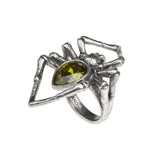 -A giant spider, polished pewter ring with a large emerald green Austrian crystal body. Genuine Alchemy Gothic product. Handcrafted in the UK of lead-free, Fine English Pewter and Austrian crystal. Ships from the USA.

Imported goth creepy arachnid witch wicca insect halloween jewelry gift unisex mens womens-
