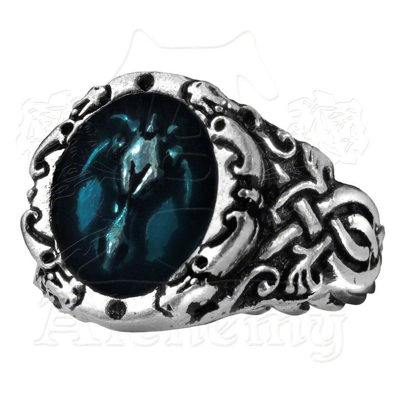 -Alchemy Gothic "Absinthe Fairy Spirit Crystal" Ring - A Swarovski emerald pond of illusion and creation. Absinthe Fairy: Also known as La Fée Verté; the spirit of the wormwood plant, from which the alcoholic beverage itself is made.
-Size N - 53.8mm - 6.5US-Silver-