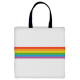 Retro Rainbow Stripe Carryall Tote Bag-High quality, reusable polyester carryall tote bag in your choice of white or black with retro vintage style rainbow stripe design that wraps around both sides. Durable and machine washable. This item is made-to-order and typically ships in 3-5 Business Days.-White-13 inches-796752936413