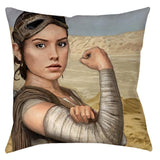 -A sci-fi feminist fan art mash-up reimagining of Rey as Rosie the Riveter. An inspirational and iconic symbol of female strength for the present and the future, we can do it - use the force! Double-sided, square spun polyester pillow or pillowcase. 14, 16 or 18 inches. Spun polyester or synthetic suede finish. -Spun Polyester-14 x 14 inches-Sewn (no zipper)-