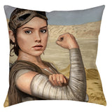 -A sci-fi feminist fan art mash-up reimagining of Rey as Rosie the Riveter. An inspirational and iconic symbol of female strength for the present and the future, we can do it - use the force! Double-sided, square spun polyester pillow or pillowcase. 14, 16 or 18 inches. Spun polyester or synthetic suede finish. -