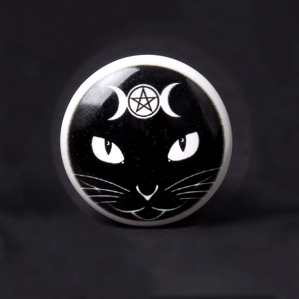 Alchemy Gothic Sacred Cat Bottle Stopper, Ceramic Cork Triple Goddess -A spirited familiar to guard your favorite spirits! This unique bottle stopper features a black cat face with triple goddess moon symbol, a ceramic topper with a tapered cork base. Ships in 1-3 days from USA. Unique gothic magick fantasy black cat wine liquor drinking wicca yule samhair beltaine gift stocking stuffer-