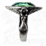 -Alchemy Gothic "Absinthe Fairy Spirit Crystal" Ring - A Swarovski emerald pond of illusion and creation. Absinthe Fairy: Also known as La Fée Verté; the spirit of the wormwood plant, from which the alcoholic beverage itself is made.
-