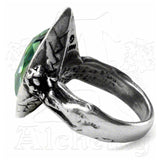 -Alchemy Gothic "Absinthe Fairy Spirit Crystal" Ring - A Swarovski emerald pond of illusion and creation. Absinthe Fairy: Also known as La Fée Verté; the spirit of the wormwood plant, from which the alcoholic beverage itself is made.
-