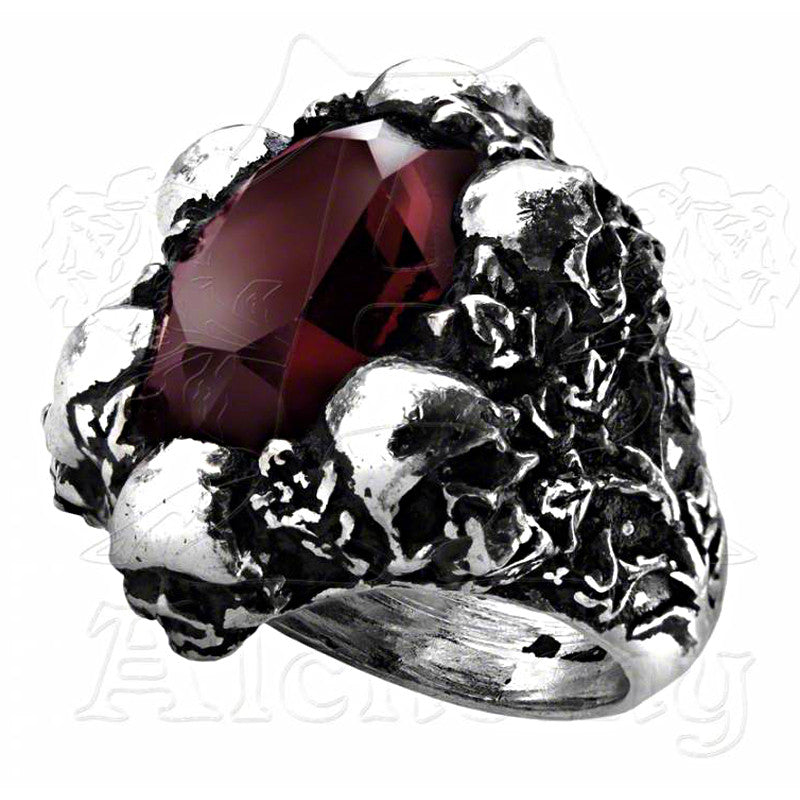 -Alchemy Gothic "Shadow of Death" Ring - Large, deep burgundy, faceted Swarovski crystal mounted in a circle of ivy-grown skulls. 
-Size N - 53.8mm - 6.5US-Red-