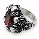 -Alchemy Gothic "Shadow of Death" Ring - Large, deep burgundy, faceted Swarovski crystal mounted in a circle of ivy-grown skulls. 
-