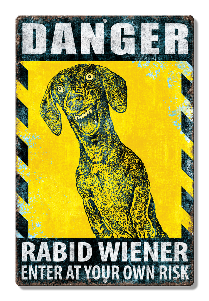 -Funny DANGER Rabid Wiener metal sign. Brand New. High quality lithograph print, scratch and rust resistant sign with folded corners and four holes for hanging or mounting. 12.5x16in. Distressing effects in print. Made in the USA. Typically ships in 2-3 business days.

Dachshund wiener-dog tin sign home decor.-605279170838
