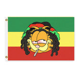 Flag of Rasta Garfield-High quality polyester banner flag with double stitched edges, single side reverse or true double sided, grommets or pole sleeve. 2x3ft or 3x5ft. 

Funny inside moon job conspiracy cartoon parody rastafarian stoned ganja cat parody meme joke rastagarfield brett reagan lunar landing buzzkill scifi spoof satire gift-5 ft x 3 ft-Standard-Grommets-
