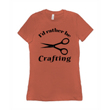 I'd Rather Be Crafting Women's Style Tee-Funny I'd Rather Be Crafting Women's Style Tee. Design is printed on fashion cut, smooth ringspun cotton fine jersey tee with crew neck and short sleeves. Sizes small to XL. Other colors, sizes, options, etc. by request. Funny good gift girls scissors graphic tee shirt.-Coral-Small (S)-