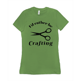 I'd Rather Be Crafting Women's Style Tee-Funny I'd Rather Be Crafting Women's Style Tee. Design is printed on fashion cut, smooth ringspun cotton fine jersey tee with crew neck and short sleeves. Sizes small to XL. Other colors, sizes, options, etc. by request. Funny good gift girls scissors graphic tee shirt.-Leaf-Small (S)-