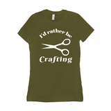 I'd Rather Be Crafting Women's Style Tee-Funny I'd Rather Be Crafting Women's Style Tee. Design is printed on fashion cut, smooth ringspun cotton fine jersey tee with crew neck and short sleeves. Sizes small to XL. Other colors, sizes, options, etc. by request. Funny good gift girls scissors graphic tee shirt.-Olive-Small (S)-