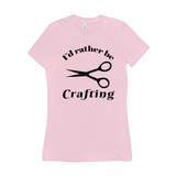 I'd Rather Be Crafting Women's Style Tee-Funny I'd Rather Be Crafting Women's Style Tee. Design is printed on fashion cut, smooth ringspun cotton fine jersey tee with crew neck and short sleeves. Sizes small to XL. Other colors, sizes, options, etc. by request. Funny good gift girls scissors graphic tee shirt.-Pink-Small (S)-