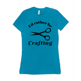 I'd Rather Be Crafting Women's Style Tee-Funny I'd Rather Be Crafting Women's Style Tee. Design is printed on fashion cut, smooth ringspun cotton fine jersey tee with crew neck and short sleeves. Sizes small to XL. Other colors, sizes, options, etc. by request. Funny good gift girls scissors graphic tee shirt.-Turquoise-Small (S)-